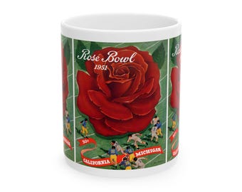 Vintage Rose Bowl Football Ceramic Mug, 11oz, 15oz - Michigan California Sports Fan Gift, Game Day Drinking Cup, College Football Fan Mug,