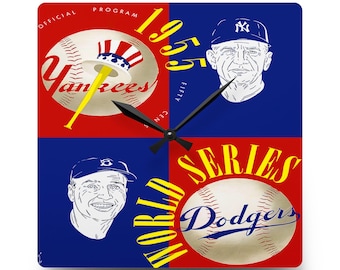 Vintage New York Yankees Wall Clock, Brooklyn Dodgers Baseball World Series Program Cover, 1955 Acrylic Clock, Sports Fan Gift, Baseball