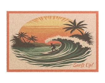 Doormat, Retro Hawaii Surfing design - Tropical Beach Decor, Vintage Surf Mat, Summer Welcome Rug, Coastal Entryway, Ocean Door Mat