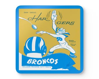 1963 Vintage Denver Broncos-San Diego Chargers Football Program Cover  - Corkwood Coaster Set