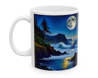 Ceramic Mug, Moonlight on the Oregon Coast - Coastal Mug, Ocean Lover Gift, Beach Mug, Nature Inspired Cup, Pacific Northwest Decor