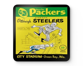 1955 Vintage Green Bay Packers - Pittsburgh Steelers Football Program Cover - Corkwood Coaster Set