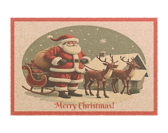 Doormat, Retro Christmas Santa and his Sleigh, Festive Holiday Welcome Mat with Vintage Santa Design, Christmas Doormat, Santa Sleigh Decor,