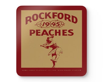 1945 Vintage Rockford Peaches Baseball Yearbook Cover- Corkwood Coaster Set