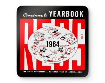 1964 Vintage Cincinnati Reds Baseball Yearbook Cover - Corkwood Coaster Set