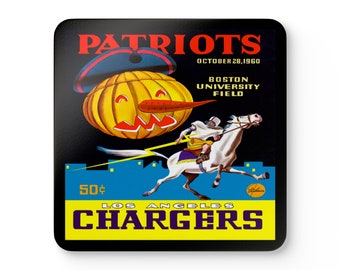 1960 Vintage Los Angeles Chargers - Boston Patriots Football Program Cover - Corkwood Coaster Set