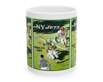 Vintage Football Ceramic Mug, 1966 New York Jets Kansas City, Sports Fan Gift, Retro Coffee Cup, Football Lover Mug, Football Memorabilia