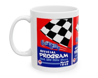 Vintage 1949 Indianapolis 500 Racing Program Ceramic Mug, Retro Motorsport Coffee Cup, Indy 500 Fan Gift, Racing Enthusiast, Coffee Lover,