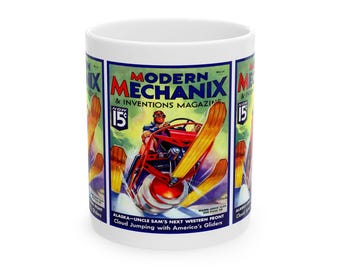 Vintage 1936 Modern Mechanix Magazine Cover Ceramic Mug, Retro Coffee Cup for Mechanics, Gearheads, and History Buffs, Gift for Hot Rod