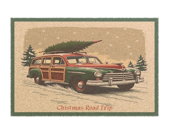Doormat, Retro Christmas Woody Station Wagon Rug, Vintage Xmas Home Decor, Holiday Decorations, Festive Entryway Mat, Indoor Outdoor Welcome
