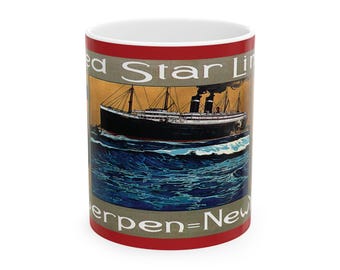 Vintage Red Star Line Poster Ceramic Mug, Antwerpen to New York, 11oz 15oz Cup Gift Souvenir Home Decor Kitchenware, Traveler Wanderlust