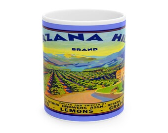 Ceramic Mug, Vintage Tarzana Hills Produce Label, 1940s Kitchen Decor, Farmhouse Coffee Cup, Retro Style Tea Mug, Gift for Gardener