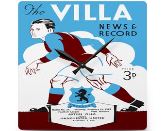 Vintage 1949 Aston Villa Manchester United Football Acrylic Clock, Sports Fan Gift, Soccer Wall Art Decor, Retro English Football, Unique