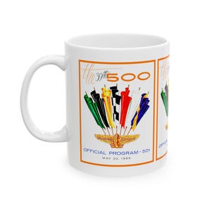 Vintage 1955 Indianapolis 500 Racing Program Ceramic Mug, Gift for Racing Enthusiasts, Coffee Cup, Tea Mug, Racing Fan Memorabilia, Race Car