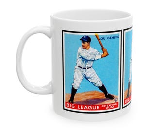 Vintage Baseball Ceramic Mug, 1933 Lou Gehrig Big League Chewing Gum Card, Sports Drinkware, Unique Collectible Gift, Retro Baseball Coffee