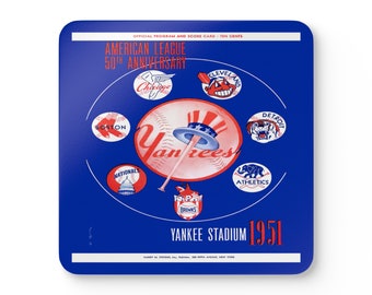 1951 Vintage New York Yankees Scorecard  Cover- 50th Anniversary - American League - Corkwood Coaster Set