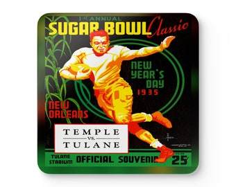 1934 Vintage Sugar Bowl - Temple Owls - Tulane Green Waves Football Program Cover - Corkwood Coaster Set