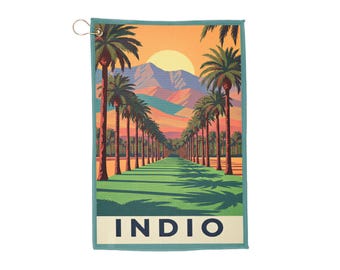 Vintage Indio Palms and Mountains Golf Towel | Retro Desert