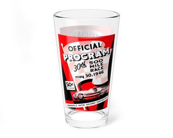Vintage 1946 Racing Indianapolis 500 Mixing Glass, 16oz - Retro Car Lover Gift, Race Enthusiast Barware, Nascar Fan Decor, Vehicle Racing