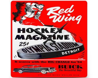 Vintage Hockey Acrylic Wall Clock, Detroit Red Wings Memorabilia, Sports Fan Decor, Retro Game Program Art, Unique Gift for Hockey Lover