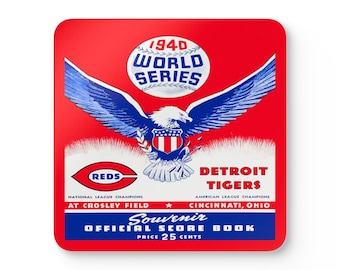 1940 Vintage Detroit Tigers - Cincinnati Reds Baseball World Series Program Cover - Corkwood Coaster Set