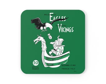 1963 Vintage Minnesota Vikings - Philadelphia Eagles Football Program Cover - Corkwood Coaster Set