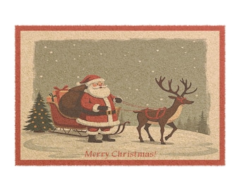 Doormat, Retro Christmas Santa and Reindeer, Holiday Welcome Mat, Festive Entry Rug, Xmas Decor, Vintage Santa Doormat