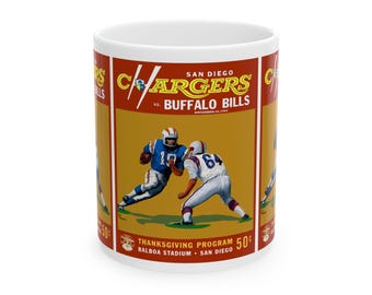 Football Ceramic Mug, 1964 San Diego Chargers Buffalo Bills Sports Fan 11oz White Coffee Cup, Gift for Football Enthusiast, Sports Lover,