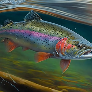 Può includere: Una trota iridea nuota in acqua limpida, le sue squame brillano alla luce del sole. Il pesce è a fuoco, mentre lo sfondo è sfocato, creando un senso di profondità e movimento.