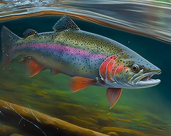 Regenbogen Forelle Aquarell Kunst, Fliegen Fischer Geschenk, Geschenk für Papa, See Haus Wand Kunst, Angeln Hütte Dekor (Digitaler Download)
