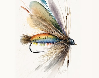 Forelle Fliege Aquarell Kunst, Fliegen Fischer Geschenk, Geschenk für Papa, See Haus Wand Kunst, Angeln Hütte Dekor (Digitaler Download)