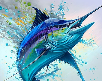 Blaue Marlin Wand Kunst zum ausdrucken, Ocean Sport Dekor, Fischer Geschenk, Strand Haus Dekor, Marlin Druck, Strand Wand Kunst Digitaler Download