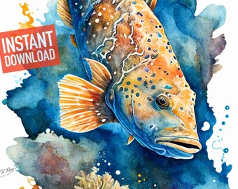 Brauner Zackenbarsch im Korallenriff schwimmend / Instant Download / 5 Standard Größen / Von Craig Reese