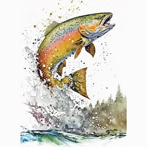 Lámina decorativa de trucha verde para imprimir, decoración de pesca, regalo para pescadores, decoración para casas de lago, lámina de trucha, lámina digital para cabañas.