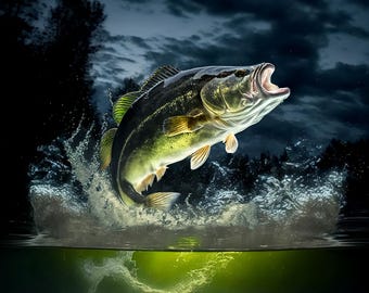 Barsch Fischen Wand Kunst zum ausdrucken, Nachtfischen Dekor, Fischer Geschenk, Haus am See Dekor, Bass springen Kunst, Kabine Wandkunst (Digitaler Download)