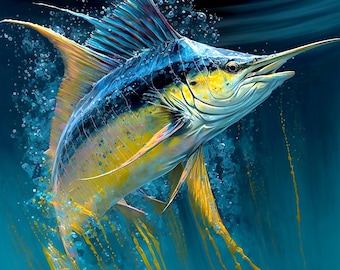 Regal Blue Marlin Wand Kunst zum ausdrucken, Ocean Sport Dekor, Fischer Geschenk, Strand Haus Dekor, Marlin Druck, majestätische Wandkunst digitaler Download