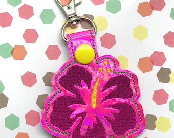 Embroidered Hibiscus Snap-Tab Key Fob Backpack Charm Keychain Accessory