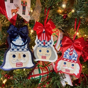 Chinoiserie Nutcracker Christmas Ornament Set | Blue & White Christmas Tree Decor | Embroidered Nutcracker Ballerina and Drum Ornaments