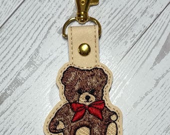 Embroidered Teddy Bear Keychain - Faux Leather Bag Charm
