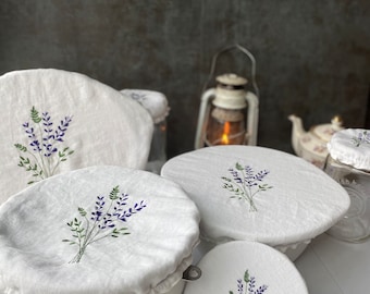 Embroidered Linen Bowl Covers, Lavender Purple Gifts