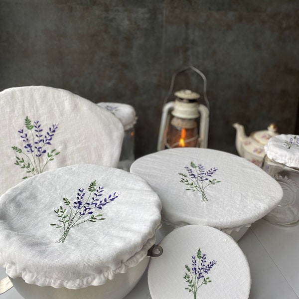 Embroidered Linen Bowl Covers, Lavender Purple Gifts