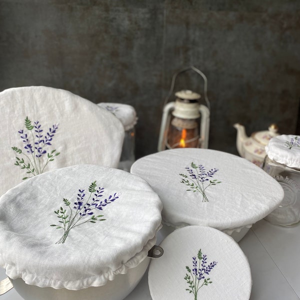 Linen embroidered bowl and jar covers pul lining