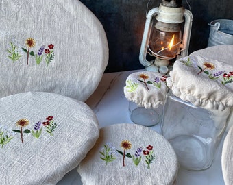 Linen embroidered jar or bowl cover wildflowers on natural linen blend