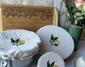 Linen embroidered  bowl and jar covers,Lemon ,you choose lining