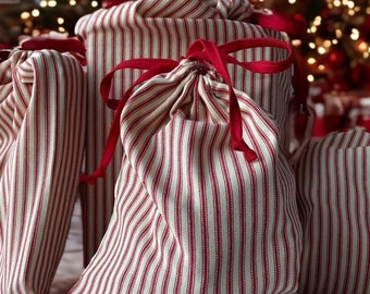 Christmas gift bags red stripe ticking handmade ties sets of 6 description tells bag sizes