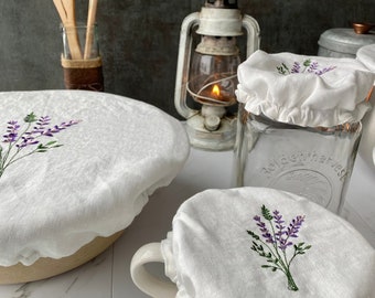 Linen embroidered bowl and jar covers pul lining