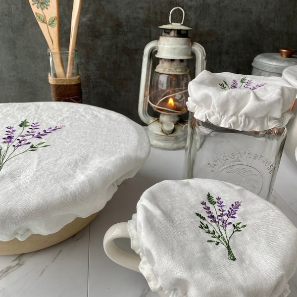 Linen embroidered bowl and jar covers pul lining