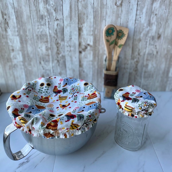 Bowl cover or jar cover sourdough starter lid Reusable cloth lid chicken, sea turtle or florals