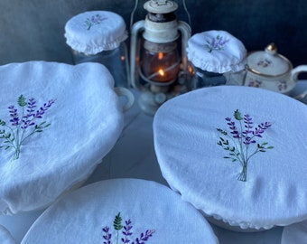 Bowl and Jar covers, Embroidered Linen Lavender Embroidered