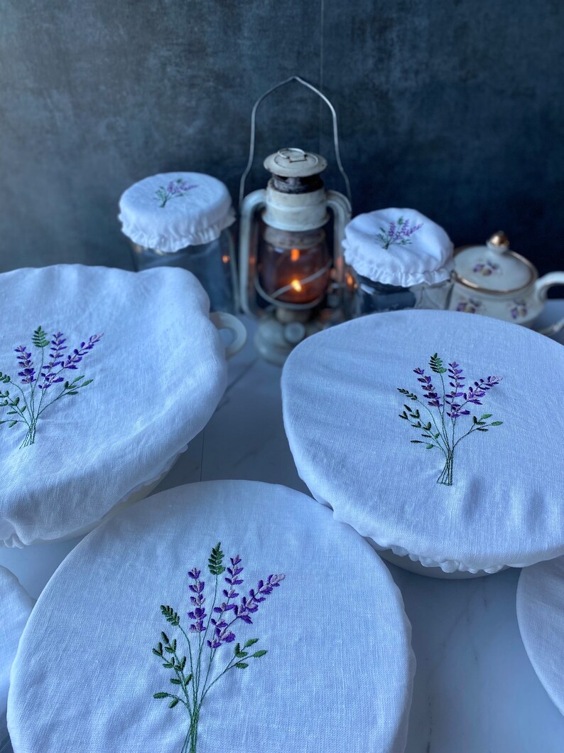 Bowl and Jar covers, Embroidered Linen